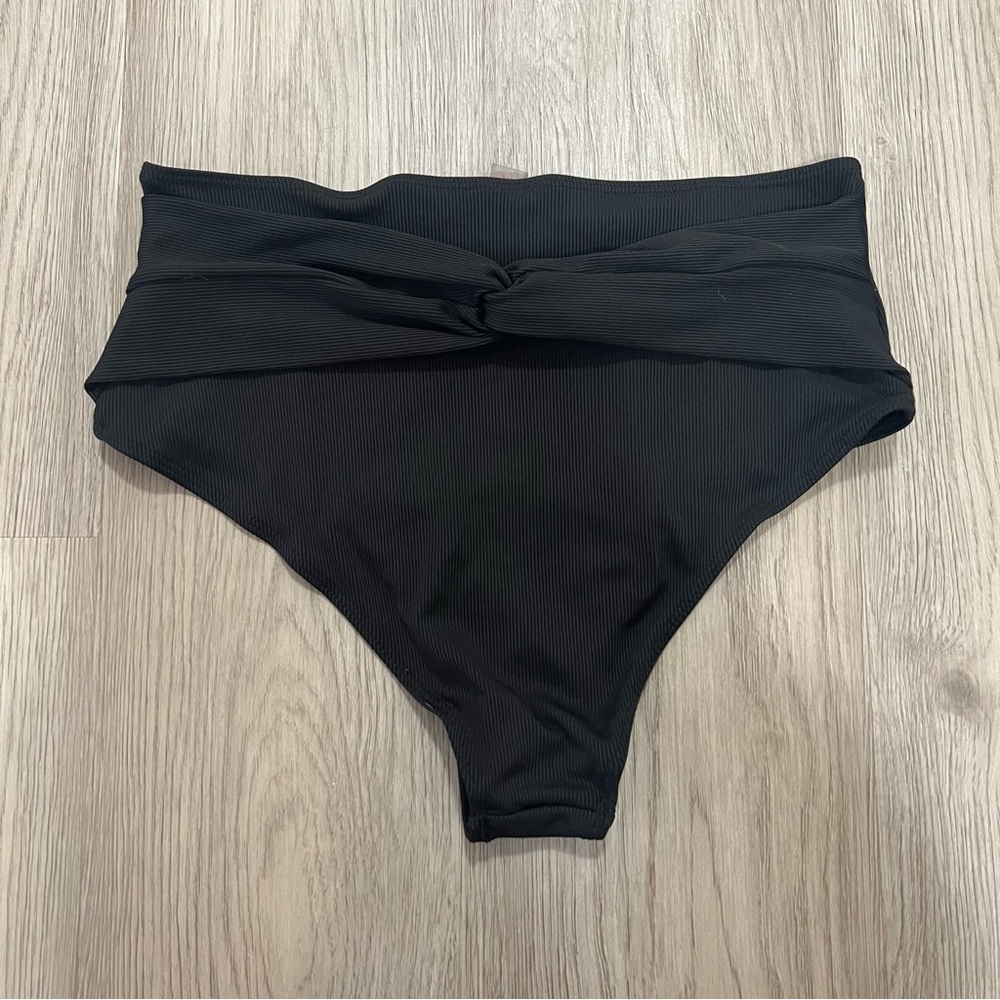 Black Ribbed High Waisted Bikini Bottom with Knot Back Detail-large